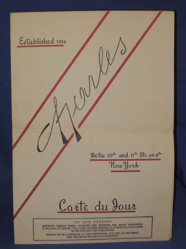 Charles: Charles: Carte du jour Menu Established 1916 Betw 10th and 11th Sts ...
