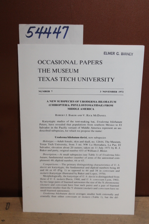 Baker, Robert J. and McDaniel V. Rick: A new subspecies of Uroderma Bilobatum... Baker, Robert J. and McDaniel V. Rick: A new subspecies of Uroderma Bilobatum...