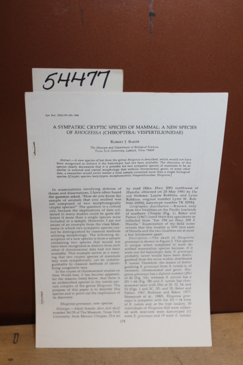 Baker, Robert J.: A Sympatric Cryptic Species of Mammal: A New Species of Rho... Baker, Robert J.: A Sympatric Cryptic Species of Mammal: A New Species of Rho...