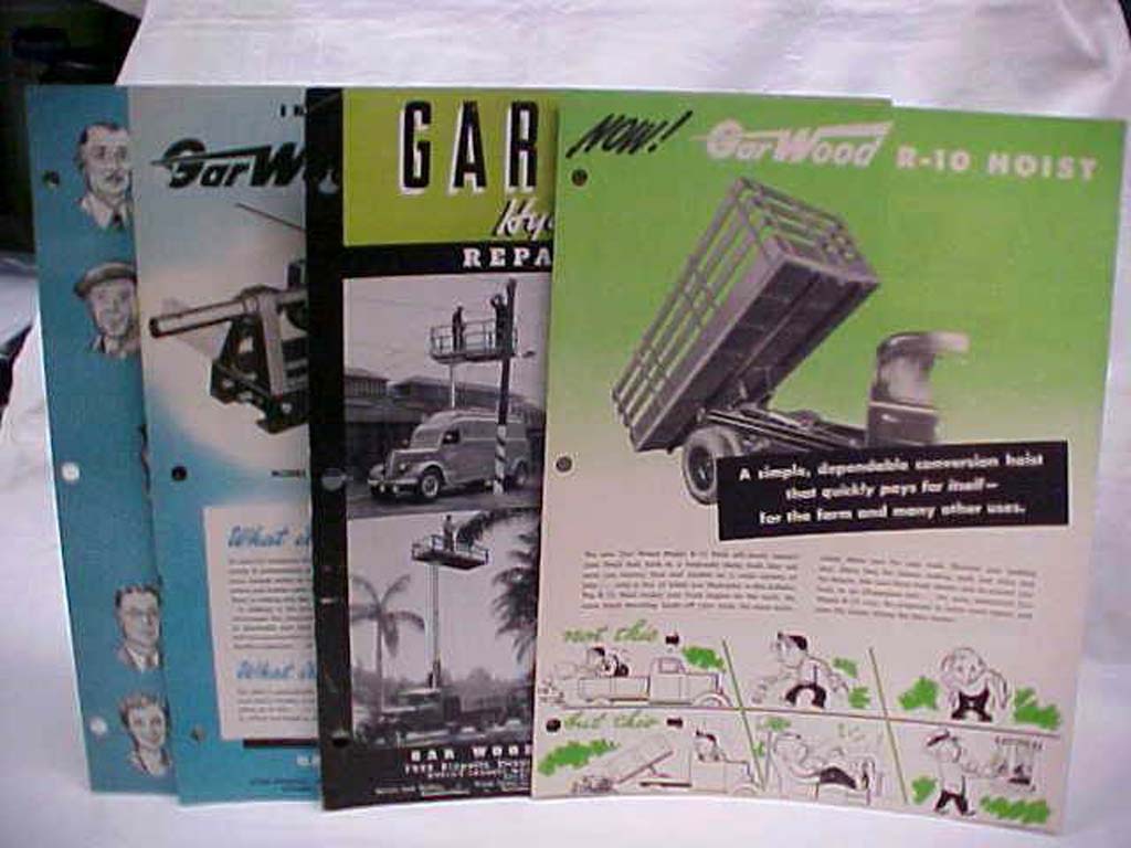 Gar Wood: Gar Wood Ad, Mechanical Brochures (4 total) R-10 Hoist;  Hydraulic ...