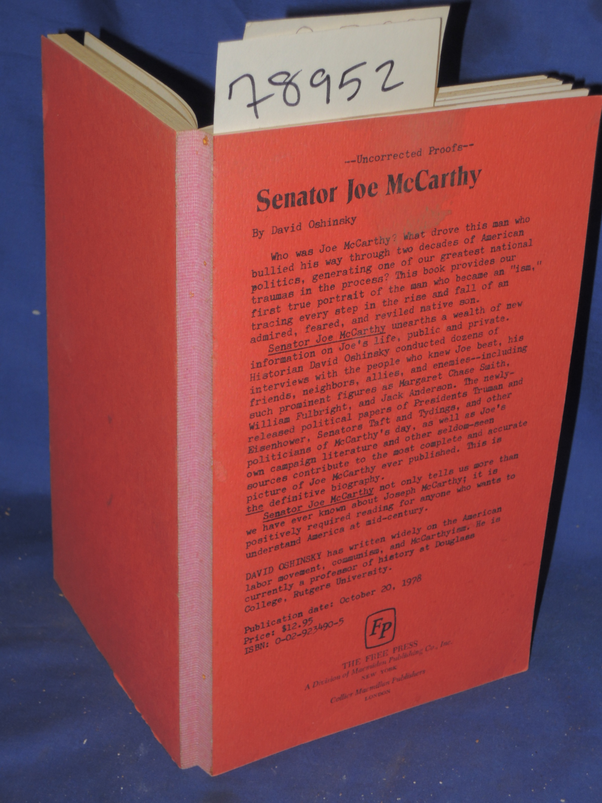 Oshinsky, David: SENATOR JOE MCCARTHY Advanced uncorrected proof