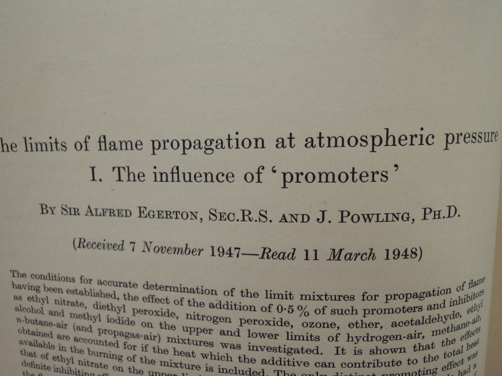 Egerton, Alfred, Sec. R.S.; Powling, J.: The Limits of Flame Propagation at a...