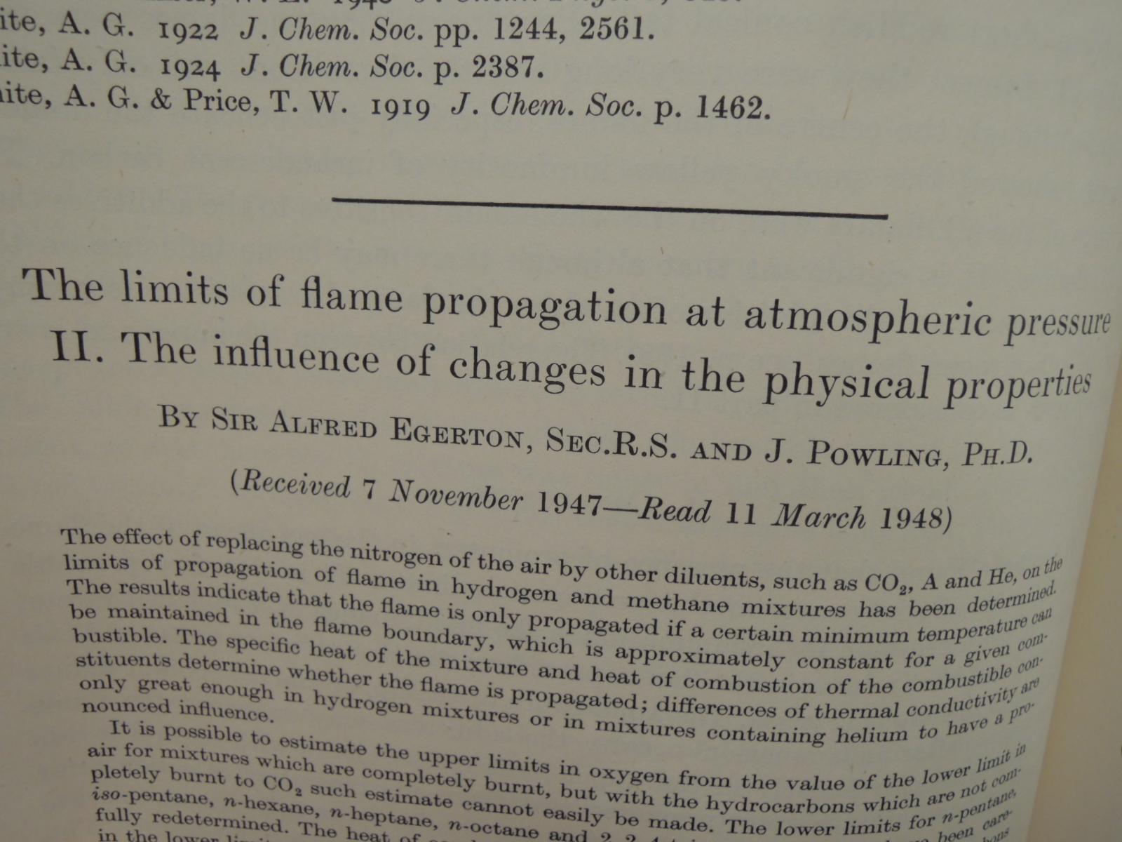 Egerton, Sir Alfred, Sec. R.S.; Powl...: The Limits of Flame Propagation at A...