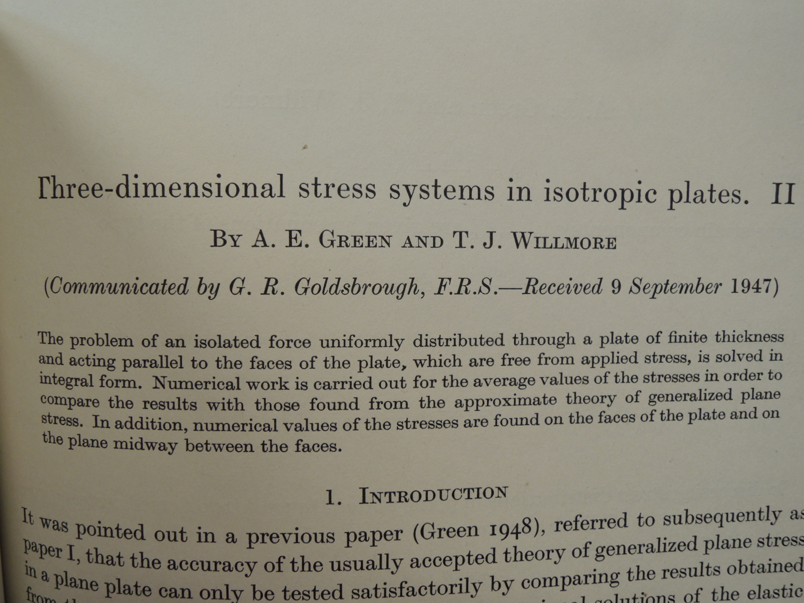 Green, A.E.; Willmore, T.J.: Three-dimensional Stress System in Isotropic Plates