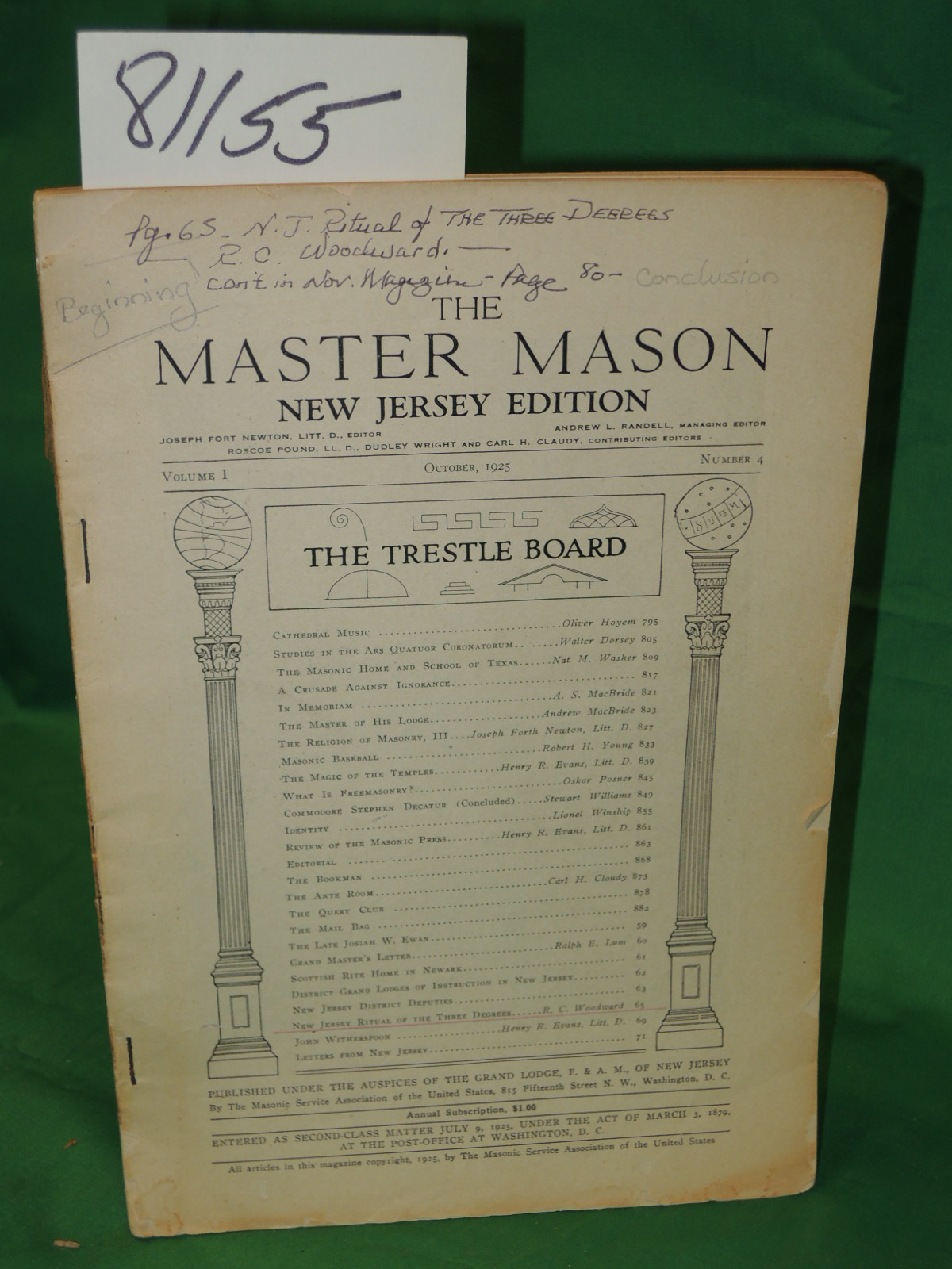 Newton, Joseph Fort: Master Mason New Jersey Edition Vol I October 1925 Number 4