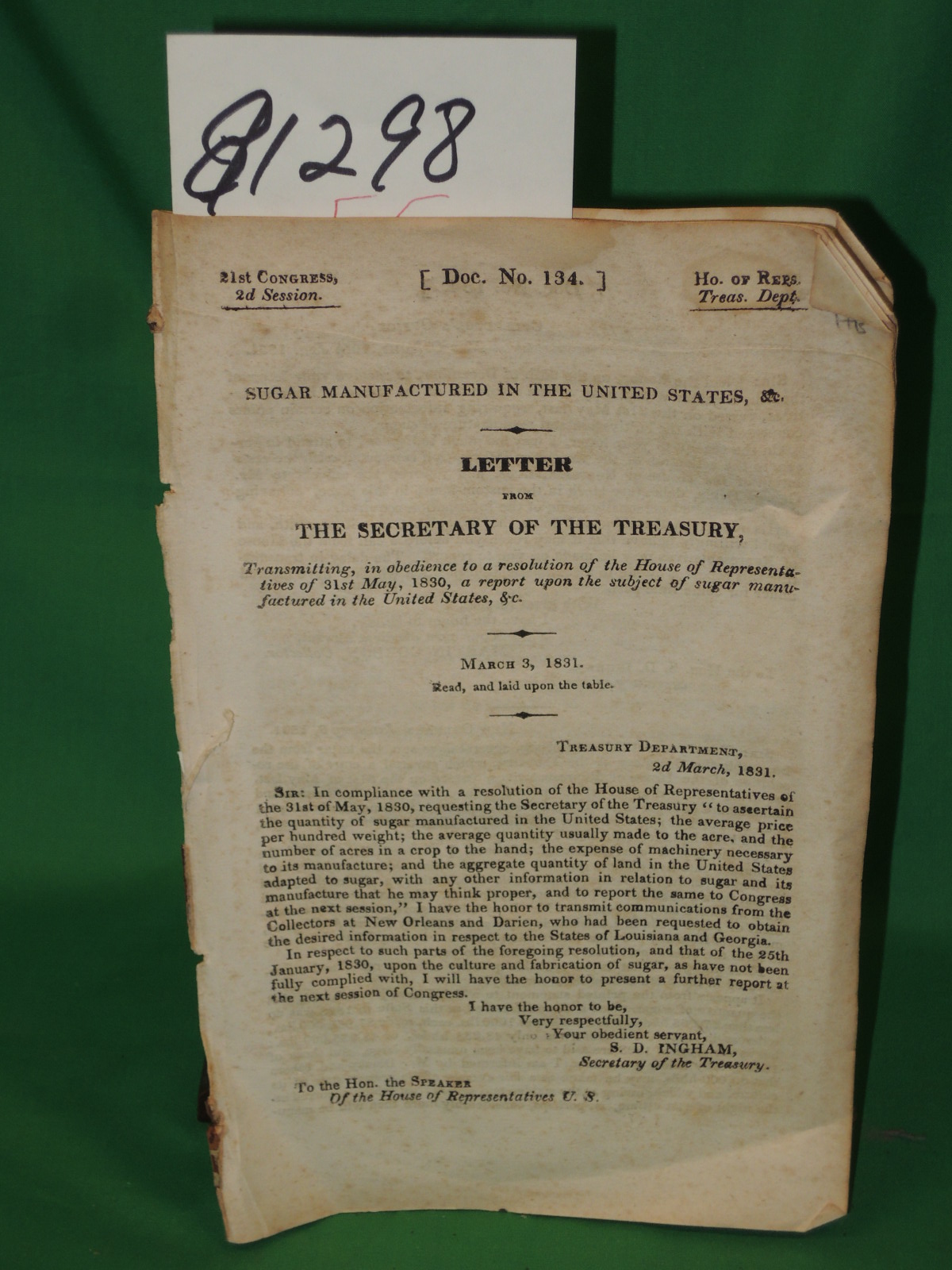 Ingham, S. D.: Sugar Manufactured in the United States Letter from the Secret...