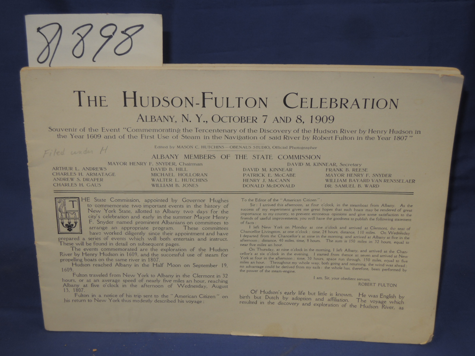 Hutchins, Mason C: Hudson-Fulton Celebration Albany, N. Y. October 7 and 8 1909