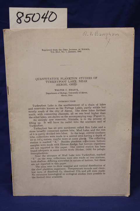 Kraatz, Walter C.: QUANTITATIVE PLANKTON STUDIES OF TURKEYFOOT LAKE, NEAR AKR...