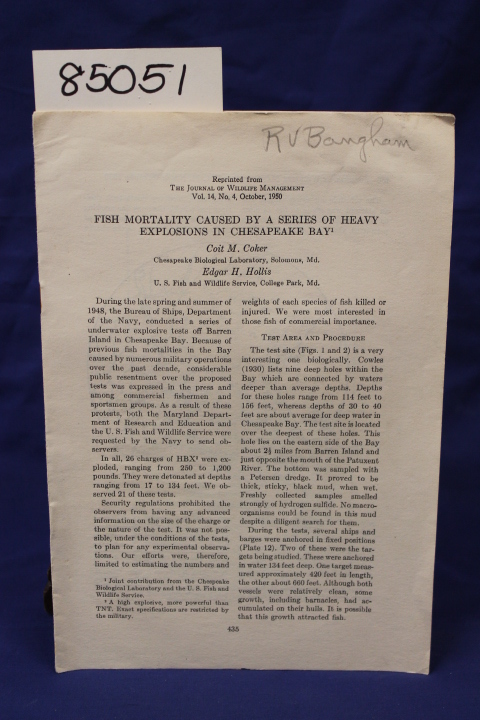 COKER, COIT M.: FISH MORTALITY CAUSED BY A SERIES OF HEAVY EXPLOSIONS IN CHES...