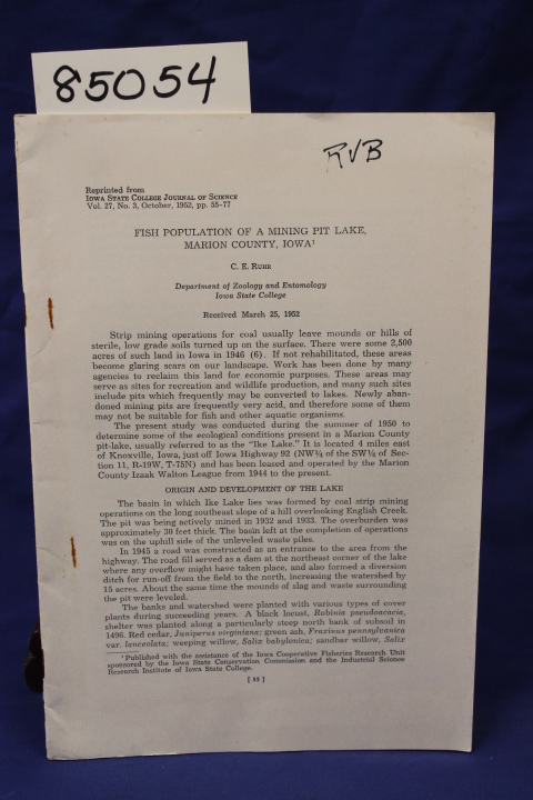 Ruhr, C.E.: FISH POPULATION OF A MING PIT LAKE MARION COUNTY IOWA