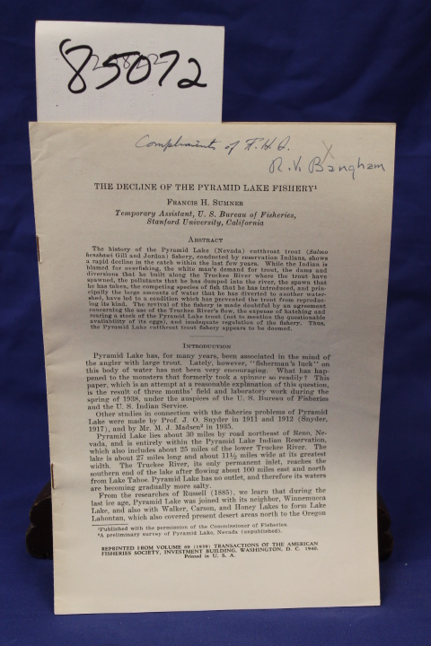 Sumner, Francis H.: THE DECLINE OF THE PYRAMID LAKE FISHERY