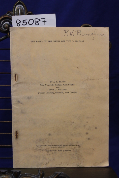 Pearse, A.S. and Williams, Louis G: THE BIOTA OF THE REEFS OFF THE CAROLINAS