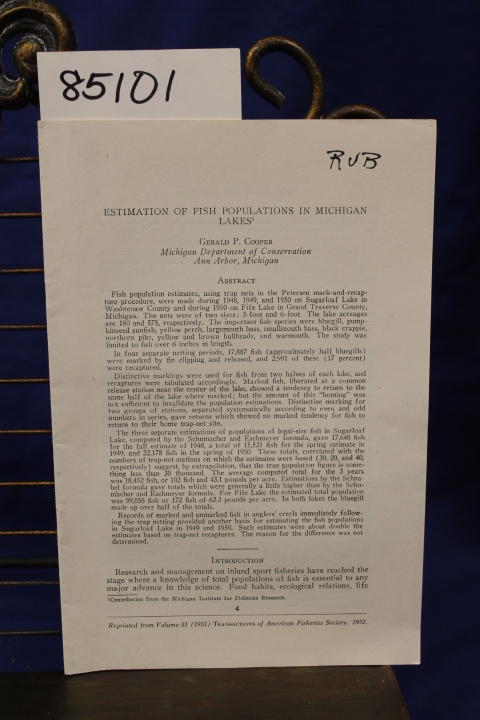 Cooper, Gerald P.: ESTIMATION OF FISH POPULATIONS IN MICHIGAN LAKES