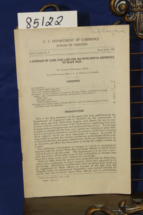 Denmead, Ll.B., Talbott Law Enforcem...: A SUMMARY OF GAME FISH LAWS FOR 1932...