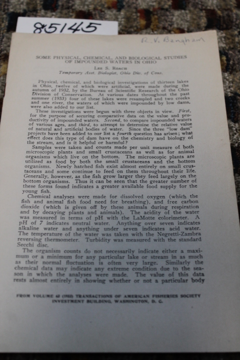 Roach, Lee S.: SOME PHYSICAL CHEMICAL AND BIOLOGICAL STUDIES OF IMPOUNDED WAT...