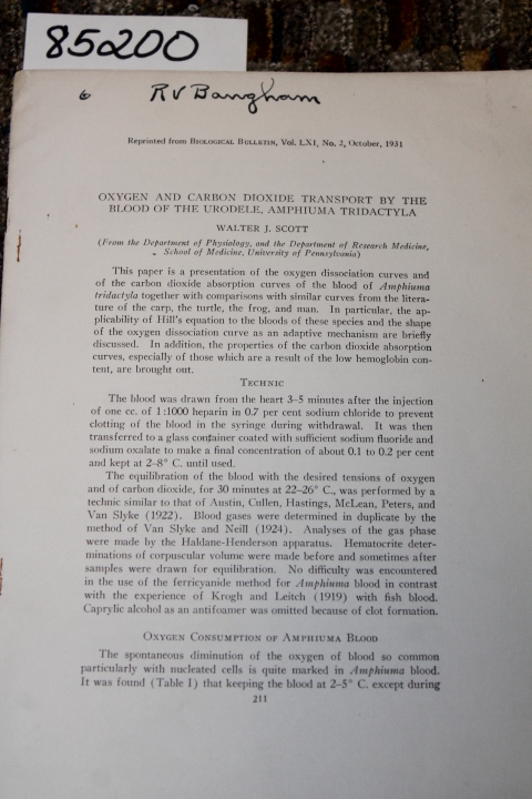 Scott, Walter J.: OXYGEN AND CARBON DIOXIDE TRANSPORT BY THE BLOOD OF THE URO...