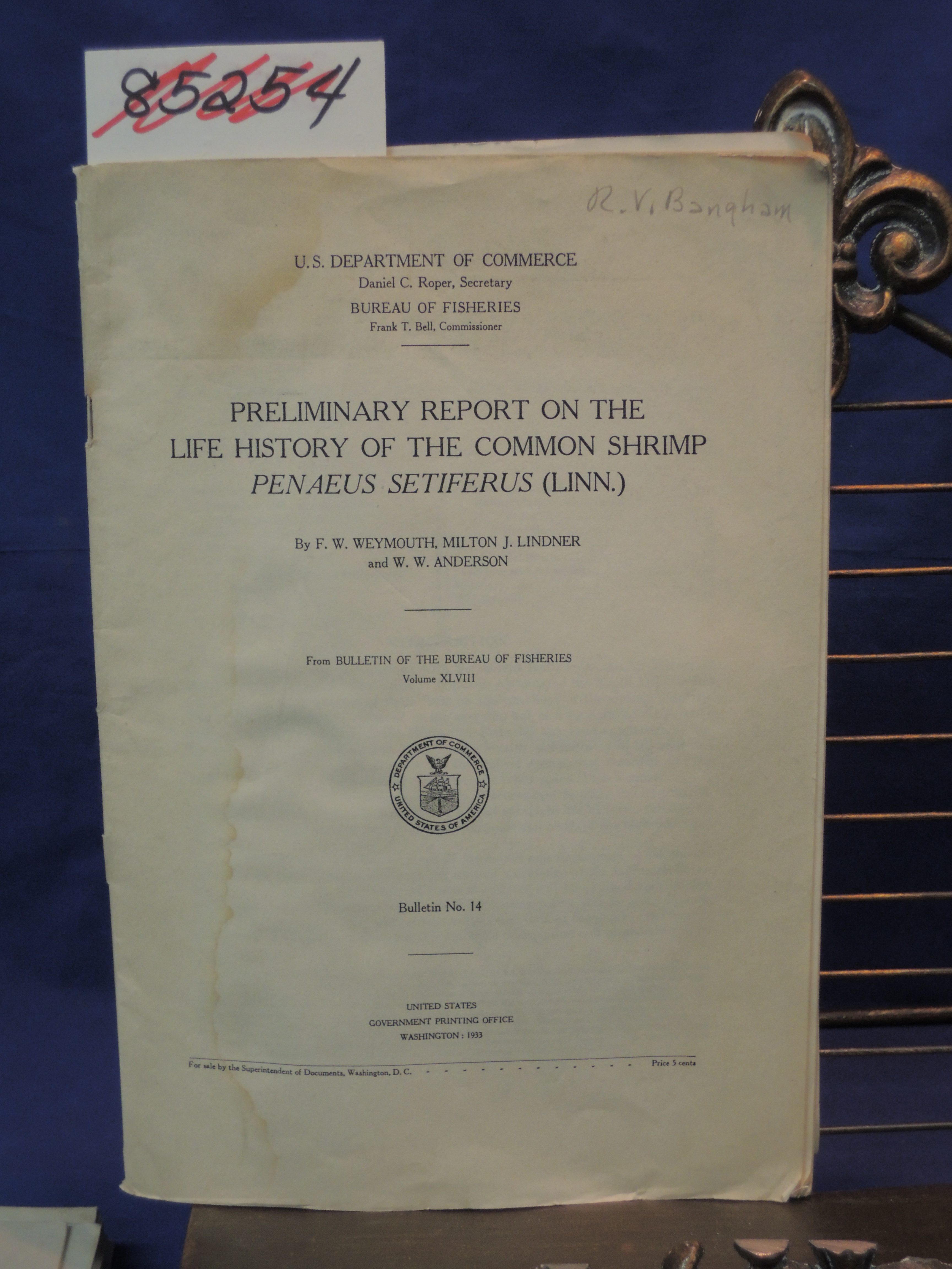 Weymouth, F.W.;Lindner, Milton J.; A...: PRELIMINARY REPORT ON THE LIFE HISTO...