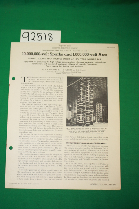 Hendricks, A.B.: 10,000,000-volt sparks and 1,000,000-volt Arcs