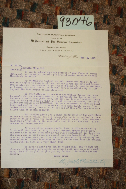 The Jantha Plantation Company: Letter to E. Allen of Atlantic City The Jantha...
