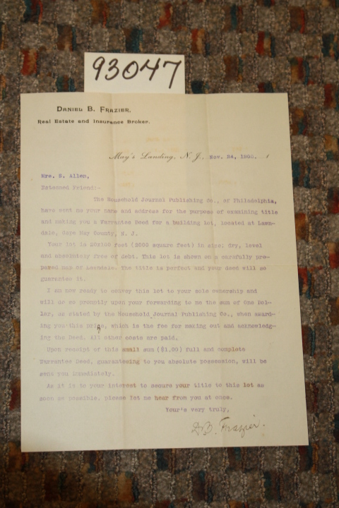 Frazier, Daniel B.: Letter to a Mrs. S. Allen