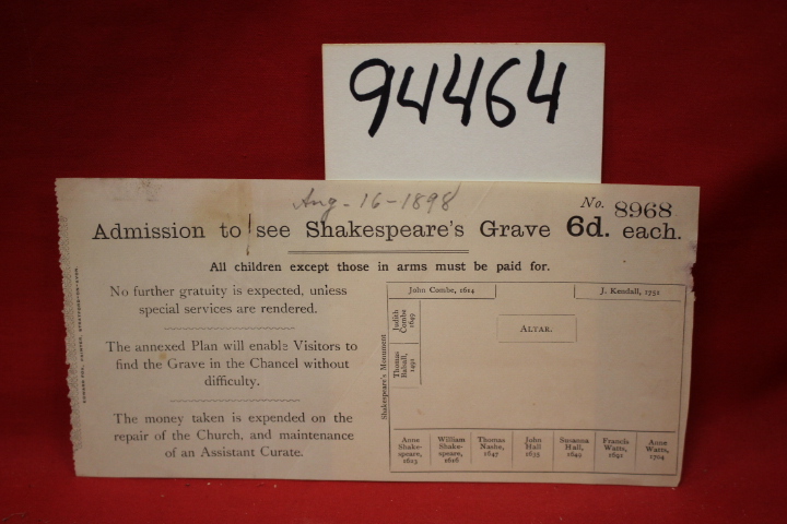 Fox, Edward: Ticket for Admission to See Shakespeare's Grave  Aug-16-1898