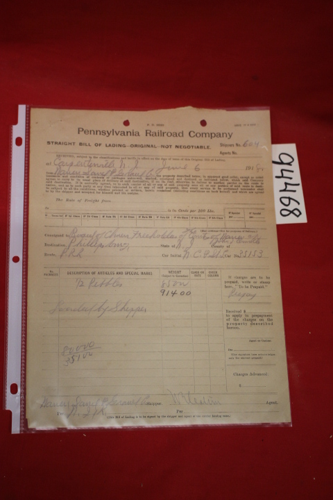 The Pennsylvania Railroad Company: Bill of Lading Phillipsburg