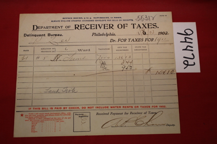 Department of Reciever of Taxes. Delinquent Bu...: Bill for $154.10 for 1/8/1903