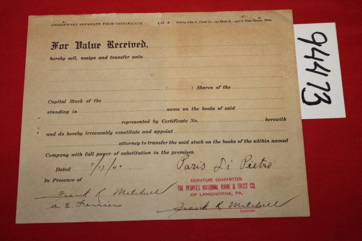 The Peoples National Bank & Trust Co. Frank ...: Bill of Sales for Capital Stock