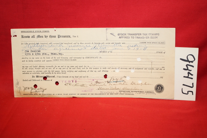 Sharpless, Thomas Wilson ; SAMUEL FR...: Bill of Sales for 100 Stocks of 13th...