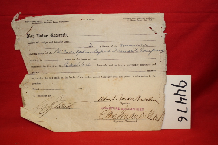 Bill of Sales for 2 Shares of Philadelphia Rapid Transit Company Stock