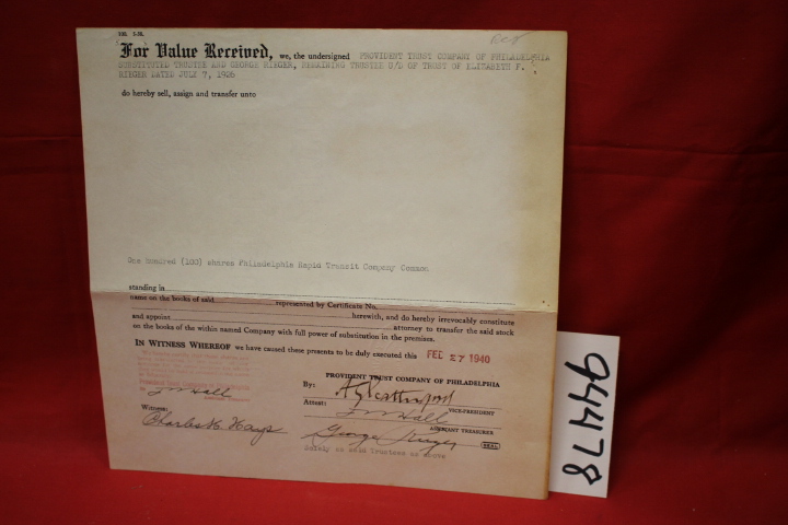 Charles H. Hays, Georger Rieger, J. ...: Bill of Sales for 100 Shares of the ...