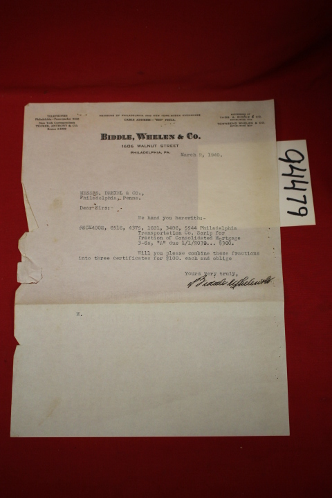 Biddle, Whelen & Co.: Letter Addressed to Messrs. Drexel & Co. Concerning Con...