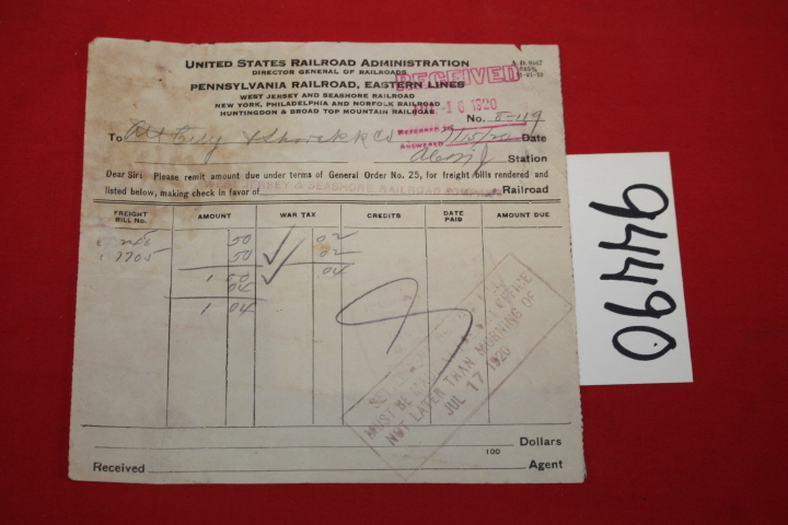 United States Railroad Administration: Freight Bill PENNSYLVIANA RAILROAD,  W...