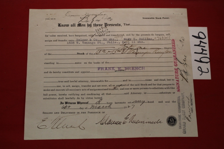 Thirteenth & Fifteenth Streets Passa...: Bill of Sales of 41 shars of Stock o...