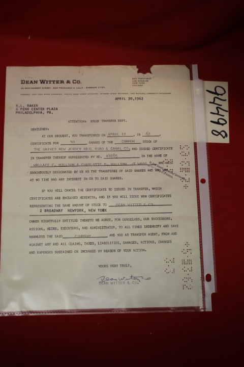 Dean Witter & Co. ALS signed by Dean...: Letter to Stock Transfer Dept. regar...