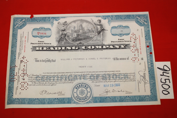 Reading Company william j. pastorius...: Deed of ownership of 25 shares of st...