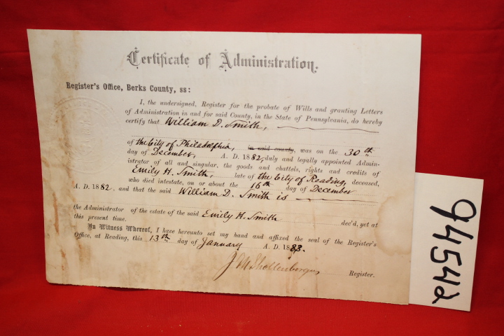 Shollenbergus, J. M. emily h. smith: Certificate of Administration for the Es...