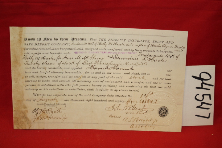 FIDELITY INSURANCE TRUST COMPANY: bill of sales for stocks EAST PENNSYLVANIA ...