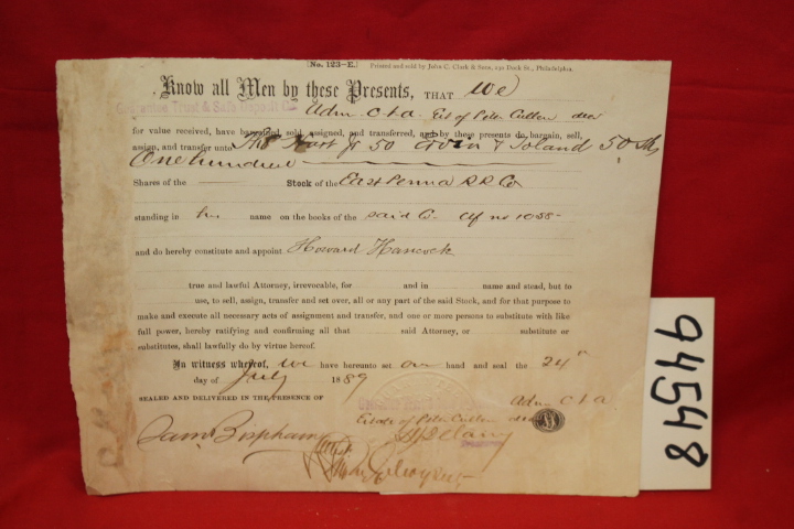 EASR PENNSYLVANIA RAILROAD COMPANY H...: Bill of Sale for 100 shares of Stock...