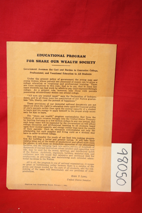 Long, Huey P.: Educational Program for Share our Wealth Society