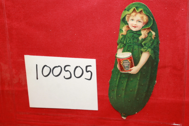 Heinz: Heinz Girl in Pickle Costume Holding Can of Tomato Soup; Victorian Adv...