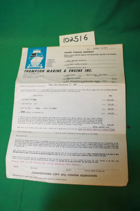 Thompson Marine & Engine Inc.: Winter Storage Contract ENGLISH CREEK, NJ