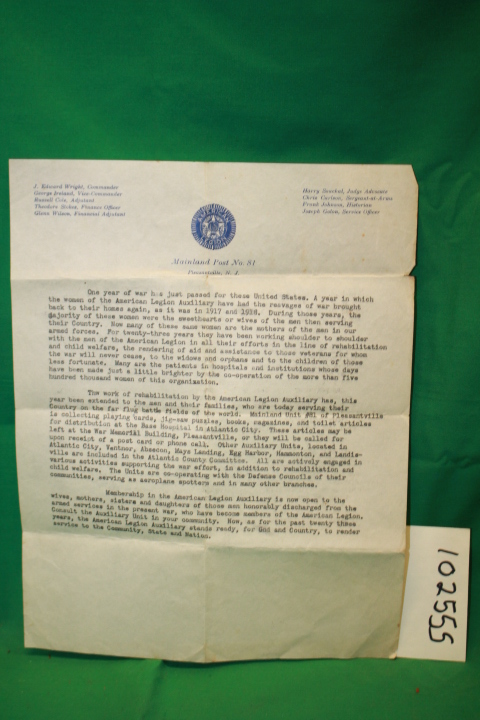 American Legion: American Legion Mainland Post No. 81; Pleasantville NJ; lett...
