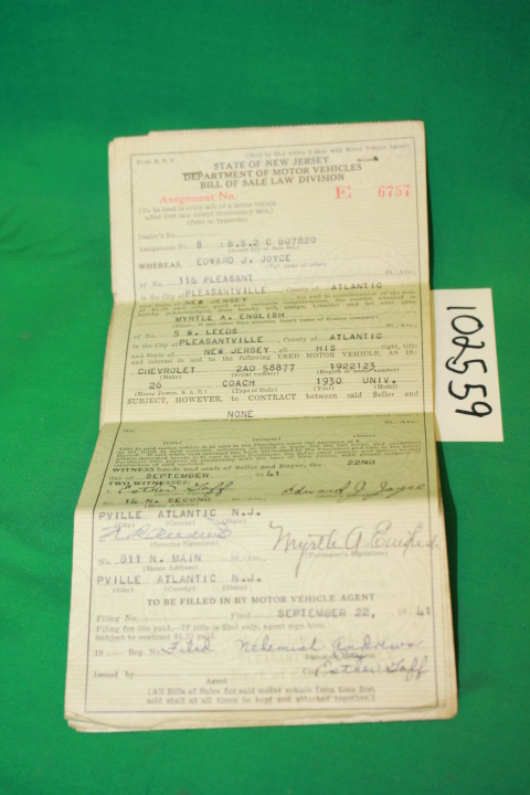 State of New Jersey Department of Mo...: 8 Bill of Sale 1930 TITLE CHEVROLET ...