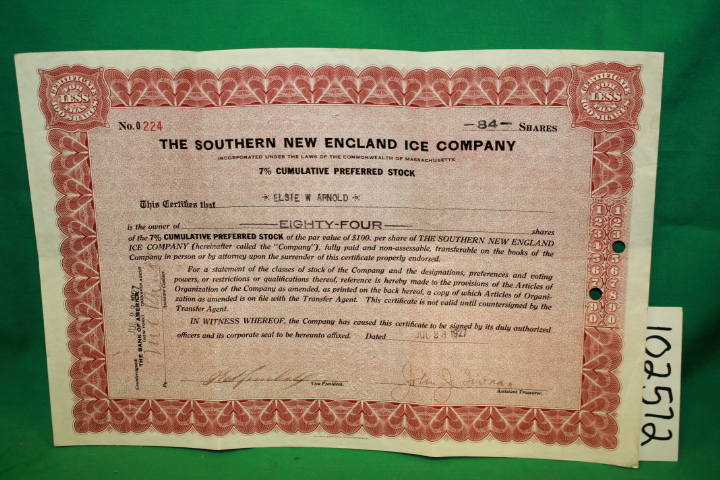 The Southern New england Ice Company: Stock Certificate For the Southern New ...
