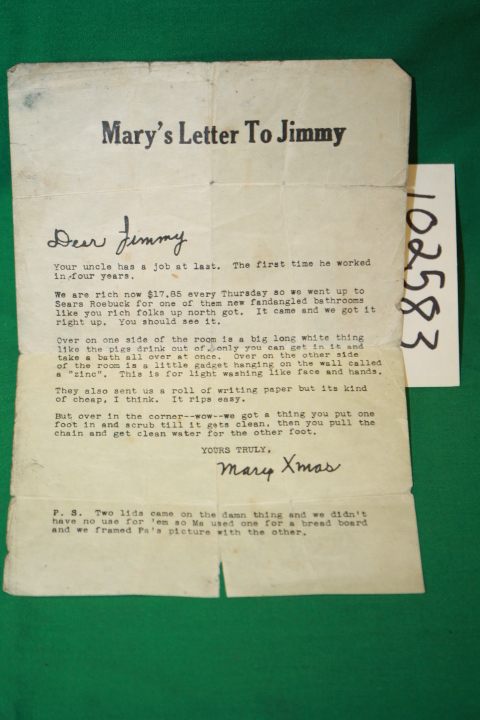 Sears Roebuck and Co.: Mary's Letter to Jimmy bathroom from sears,mail order