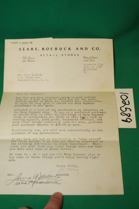 Sears, Roebuck and Co.: Letter from Sears Roebuck and Co. to Mr. John English...