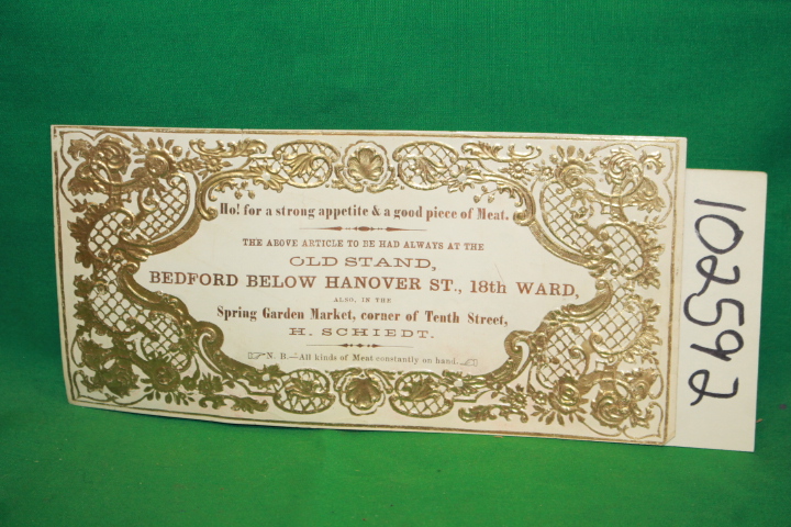 H. Schiedt: H. Schiedt Meat Market Victorian Advertising Label (Unusually Lar...