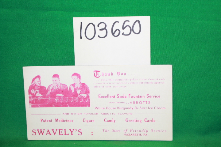 Swavely's: Swavely's Soda Fountain Service Advertising Card 1940