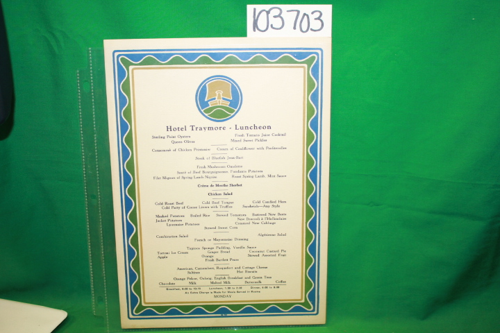 Hotel Traymore: Atlantic City Hotel Traymore Luncheon Menu Monday 1935